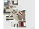 3-D rendering of floorplan with three bedrooms, two bathrooms, kitchen, laundry, living room and dining area at 2829 W College Ave, Denver, CO 80219