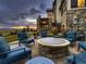 Stone firepit with seating area and mountain views in the backyard at 10887 Rainribbon Rd, Highlands Ranch, CO 80126