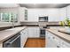 Kitchen featuring white cabinets, stainless steel appliances, and natural light streaming through the window at 7746 E Severn Pl, Denver, CO 80230