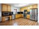 Kitchen with wooden cabinets, stainless steel appliances, and black countertops at 2320 Morningview Ln, Castle Rock, CO 80109