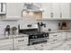 Elegant kitchen featuring stainless steel range, white cabinetry, granite counters and decorative backsplash at 2927 N Humboldt St, Denver, CO 80205
