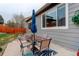 Outdoor patio with seating, blue umbrella, and view of the spacious, fenced yard at 20715 Bridlewood Ln, Parker, CO 80138