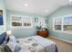 Cozy bedroom featuring light blue walls, vaulted ceilings and plantation shutters at 810 Jasmine St, Denver, CO 80220