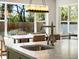 Close-up of the kitchen with stainless steel sink, faucet, marble countertops, and large view to backyard at 810 Jasmine St, Denver, CO 80220