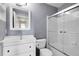 Bathroom with gray walls, white vanity, a mirror, and a glass door shower at 2659 S Halifax St, Aurora, CO 80013