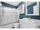 Bathroom with blue walls, glass shower, white vanity and modern fixtures at 2659 S Halifax St, Aurora, CO 80013