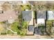 Aerial shot shows a home with a large backyard, detached garage, and nearby greenery at 4433 S Washington St, Englewood, CO 80113