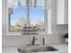 Close-up on the kitchen sink with stainless steel faucet and a view of the backyard at 13619 Lake Ave, Brighton, CO 80603