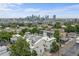 Stunning city skyline view from a neighborhood featuring modern townhomes and lush greenery at 3131 Vallejo St, Denver, CO 80211