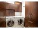 Convenient laundry room is equipped with washer, dryer, and built-in storage cabinets at 1133 14Th St # 2300, Denver, CO 80202