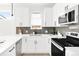 Modern kitchen features white cabinets, stainless steel appliances, and sleek gray backsplash at 3955 W 13Th Ave, Denver, CO 80204