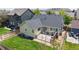 Aerial view of a home with a well-maintained lawn, patio, and fenced backyard surrounded by other homes at 10181 E 112Th Way, Commerce City, CO 80640