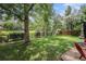 Landscaped backyard features lush lawn, mature trees, and wood fence at 11022 Trailrider Pass, Littleton, CO 80127