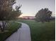 Scenic walking path with sunset views, mature trees, and lush green grass perfect for an evening stroll at 21734 Farmingdale Ct, Parker, CO 80138