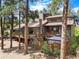 Charming multi-level home showcasing a wooden deck and gazebo surrounded by mature trees in a serene setting at 4515 Red Rock Dr, Larkspur, CO 80118
