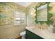 Charming powder room with monkey wallpaper, decorative mirror, and elegant fixtures at 2020 E 4Th Ave, Denver, CO 80206