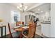 Bright and airy dining area with charming chandelier and views into the kitchen; perfect for Gathering meals and gatherings at 739 S Utica St, Denver, CO 80219