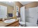 Bathroom with tile floor, vanity, and shower-tub combination at 1179 S Alton Ct, Denver, CO 80247