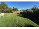 An expansive backyard featuring a well-manicured lawn, mature trees, and full fencing for privacy at 8700 S Ammons St, Littleton, CO 80128