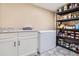 Basement with large pantry shelves, additional storage with granite countertop and a freezer at 19131 E Crestridge Cir, Aurora, CO 80015
