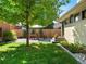 Lush backyard featuring a stone patio with dining set, a mature tree, and well-maintained landscaping at 562 N Pennsylvania St, Denver, CO 80203