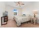 Bright bedroom featuring a ceiling fan, a window with blinds, and carpet flooring at 19316 W 84Th Pl, Arvada, CO 80007