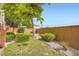 Landscaped backyard with wooden fence and mature trees at 2561 Cactus Bluff Pl, Highlands Ranch, CO 80129