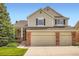 Attractive two-story house featuring a two-car garage, brick accents, and a well-maintained front yard at 2561 Cactus Bluff Pl, Highlands Ranch, CO 80129