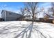 Large, snow-covered backyard featuring a large tree and views of neighboring houses at 1109 Ash Ct, Fort Lupton, CO 80621