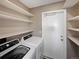 Bright laundry room features a white washer and dryer, ample shelving, and a convenient utility door at 2418 W 82Nd Pl # D, Westminster, CO 80031