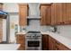 Close-up of stainless steel range and hood in kitchen with custom wood cabinets and quartz countertop at 1053 S Washington St, Denver, CO 80209