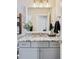 Bathroom vanity featuring granite countertops, gray cabinetry, and modern fixtures at 39200 E 148Th Ct, Keenesburg, CO 80643