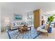 Comfortable living room with a decorative rug, leading to a cozy balcony at 620 S Alton Way # 5B, Denver, CO 80247