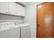Functional laundry room featuring a washer, dryer, and ample cabinet space at 6836 Edgewood Way, Highlands Ranch, CO 80130