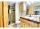 Bathroom featuring wooden vanity and tile shower with glass door at 1176 Raven Ridge Rd, Idaho Springs, CO 80452