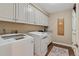 Bright laundry room with white cabinets and modern appliances at 8932 Tuscany Ln, Highlands Ranch, CO 80130