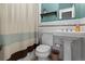 Cozy bathroom with tiled walls, pedestal sink, and decorative shower curtain, offering a clean and functional space at 728 N Ogden St, Denver, CO 80218