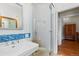 Bathroom featuring glass shower, a modern sink, and blue mosaic tiles for a stylish touch at 728 N Ogden St, Denver, CO 80218