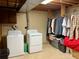 Functional laundry room with a washer, dryer, clothing rack, and storage space at 438 N 11Th Ave, Brighton, CO 80601