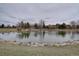 Community pond surrounded by manicured lawns and rock features, providing a serene and picturesque environment at 15960 E Aberdeen Ave, Centennial, CO 80016