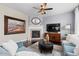 Cozy living room featuring a fireplace, ceiling fan, and comfortable seating, creating an inviting atmosphere at 20293 E Shady Ridge Rd, Parker, CO 80134