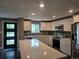 Modern kitchen featuring white cabinetry, stainless steel appliances, a stylish backsplash, and a large island with countertop seating at 795 Vivian Ct, Lakewood, CO 80401