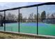 Outdoor tennis court with green and blue surface surrounded by black fence at 7343 S Ivy Way, Centennial, CO 80112