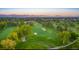 Aerial of green golf course, trees, small waterway, and distant mountain range at 44 Spyglass Dr, Littleton, CO 80123