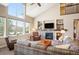Cozy living room with large windows, a stone fireplace, built-in shelves, and comfortable seating at 350 Andromeda Ln, Castle Rock, CO 80108