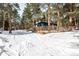 Charming cabin surrounded by tall pines, a wooden fence, and a snowy landscape at 8537 S Doubleheader Hwy, Morrison, CO 80465