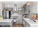 Modern gray kitchen with white countertops and stainless steel appliances at 1440 Little Raven St # 204, Denver, CO 80202