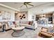 Open-concept living area with comfortable seating, stylish decor, and seamless flow to the dining and kitchen spaces at 13806 Honey Hush Trl, Parker, CO 80134
