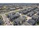 Aerial view of a residential neighborhood featuring modern townhomes, community park, and a streetscape at 8948 Delacorte St, Highlands Ranch, CO 80129