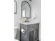 Chic powder room with a gray vanity, matte black faucet, and arched mirror at 1308 Stuart St, Denver, CO 80204